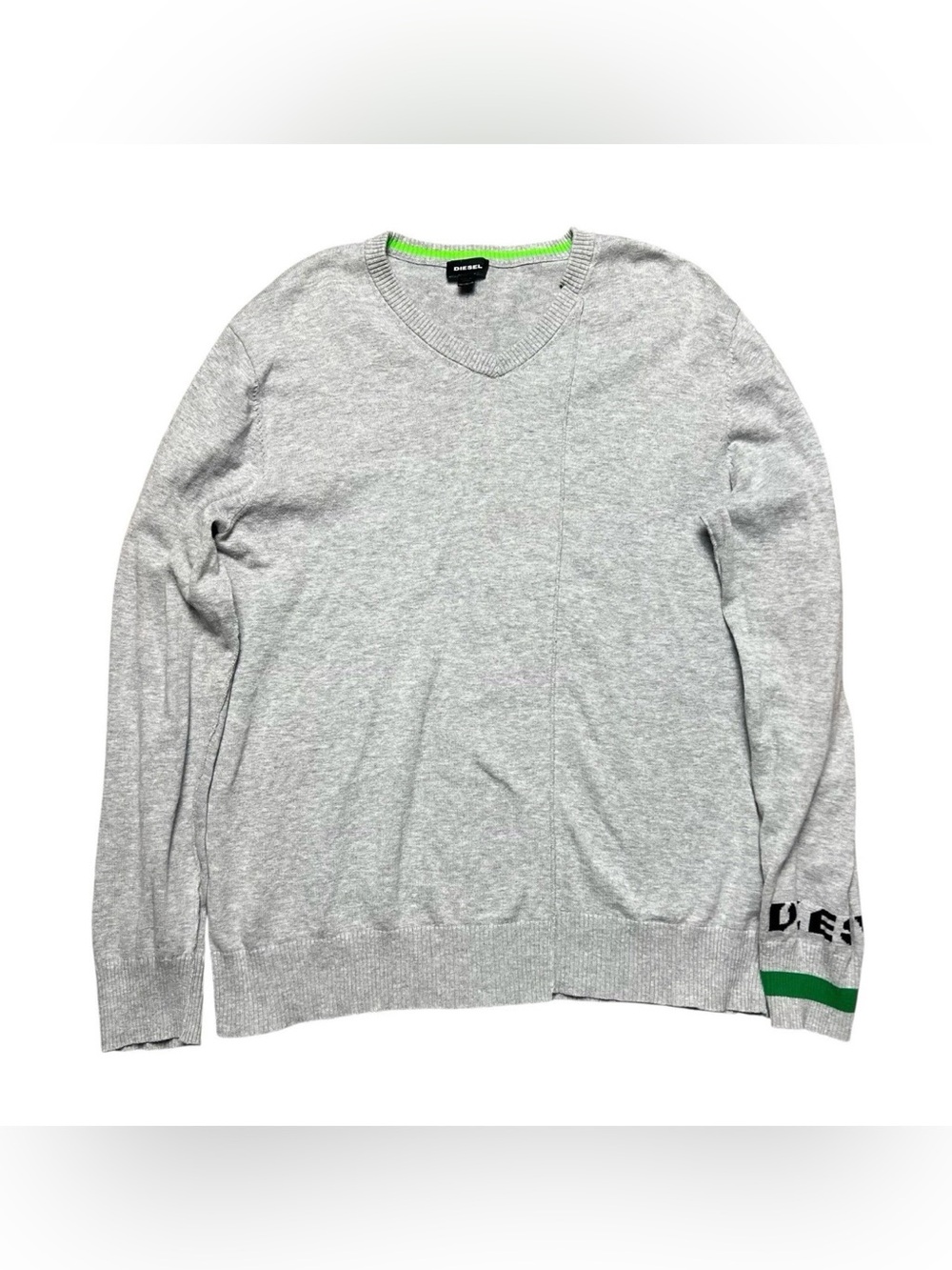 2010’s Diesel Sweater Ribbed Cuff Hem Logo In Heather Gray Neon Green Stripe L